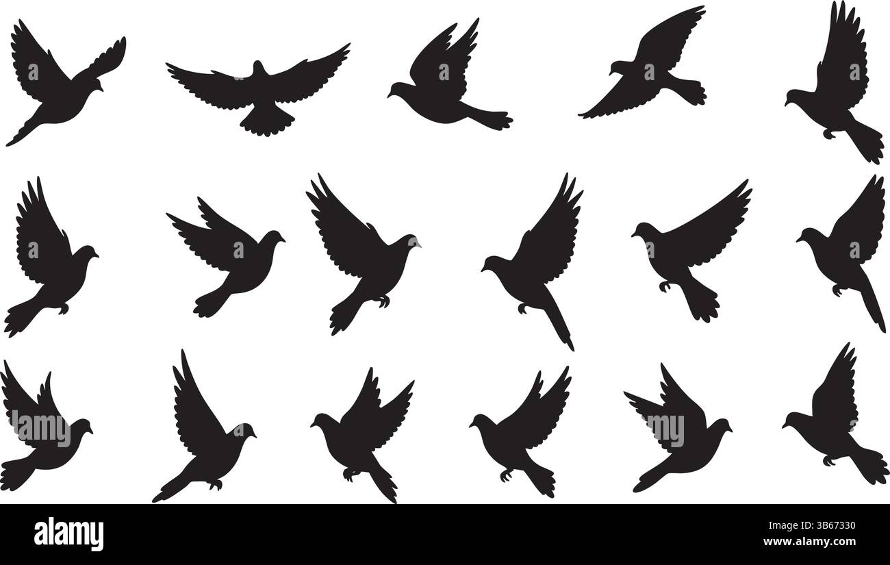 Dove Silhouettes Vektor-Set: Black Birds in Flight Stock Vektor