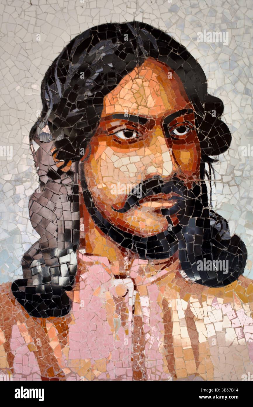 Mosaikporträt eines jungen Rabindranath Tagore auf dem Campus der Jahangirnagar University in Savar, Bangladesch. Stockfoto