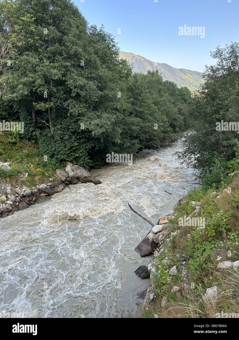 Dieses Bild zeigt einen schlammigen, turbulenten Fluss, der durch ein dichtes Waldgebiet fließt. Die Flüsse sind von Felsen, Vegetation und Baumbedeckung gesäumt Stockfoto