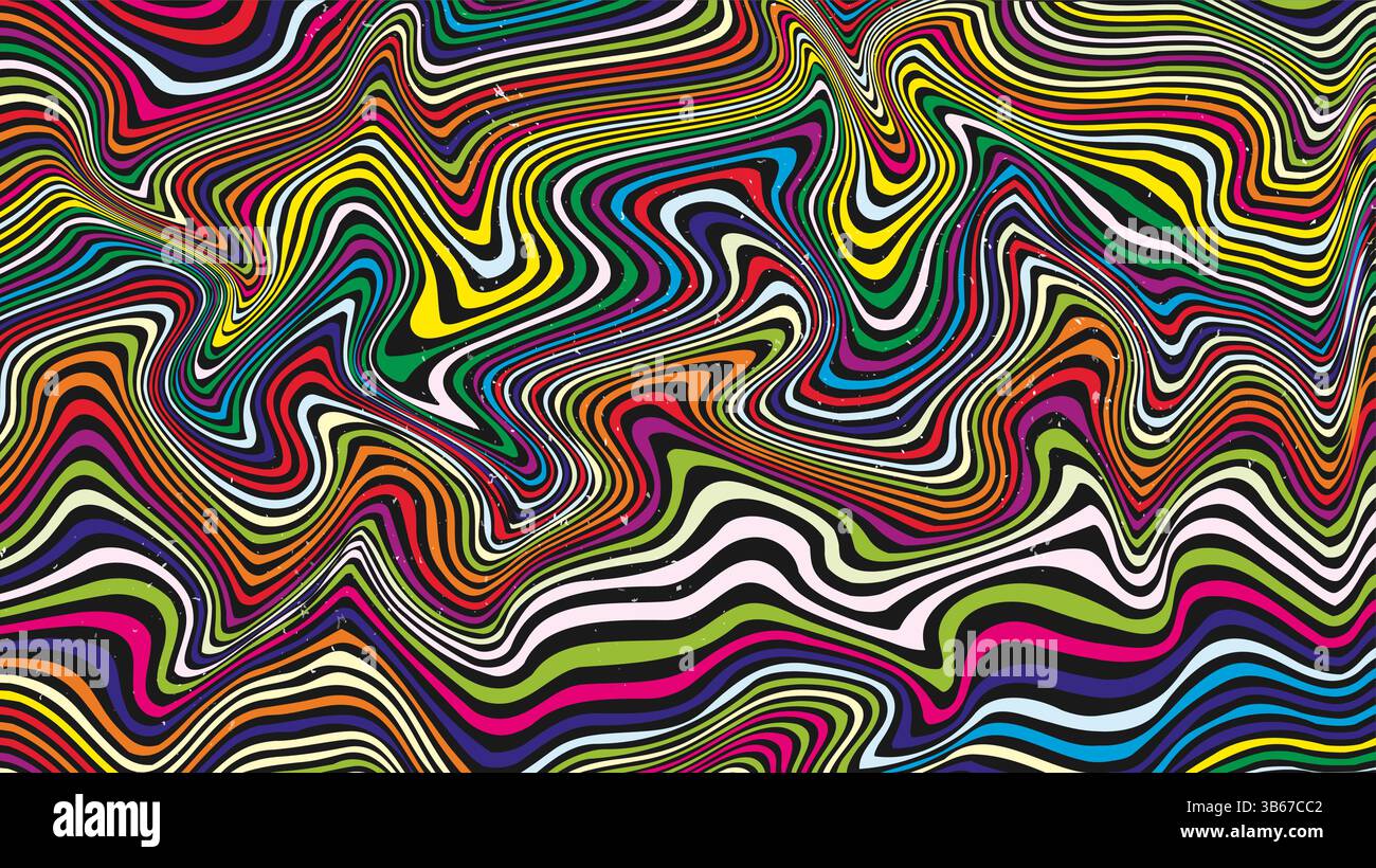 Vektorabbildung. Abstrakte bunte Wellen mit psychedelischen Wellenlinien. Mehrfarbige Marmorstruktur. Flüssige Verzerrung für Webbanner, horizontal Stock Vektor
