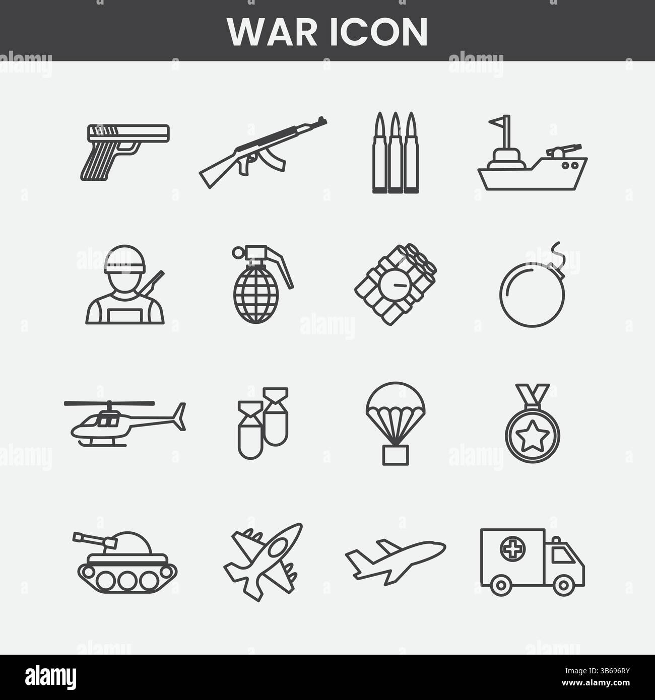 Minimalistische Kriegs- und Militärsymbole, graue Linien-Art-Vektor-Set mit Waffen und Ausrüstung Stock Vektor