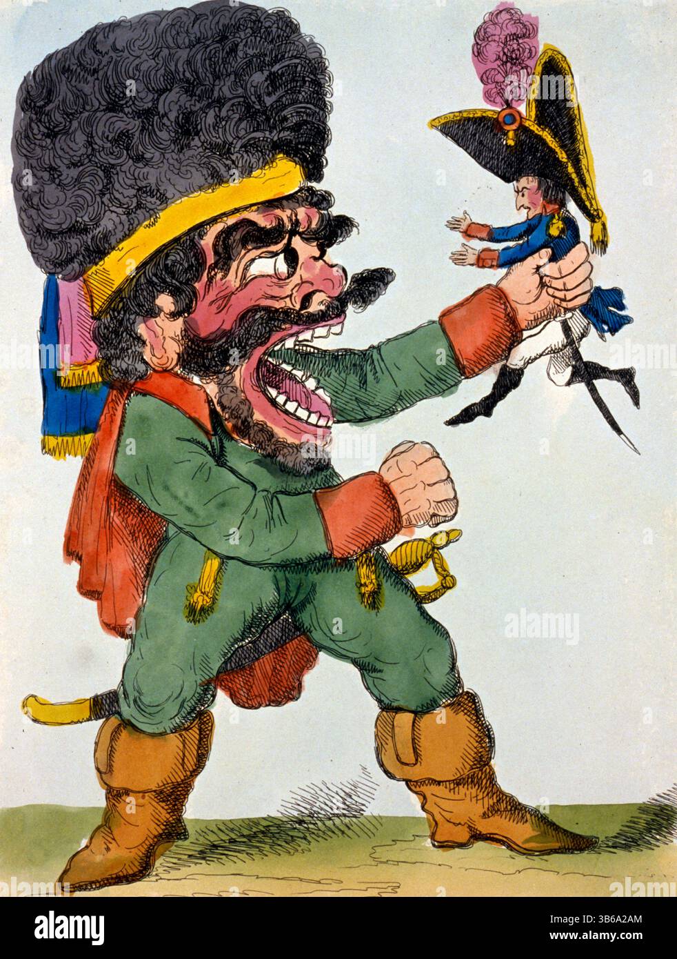 Cartoon, der einen Russen zeigt, der eine kleine Figur Napoleons hält. Stockfoto