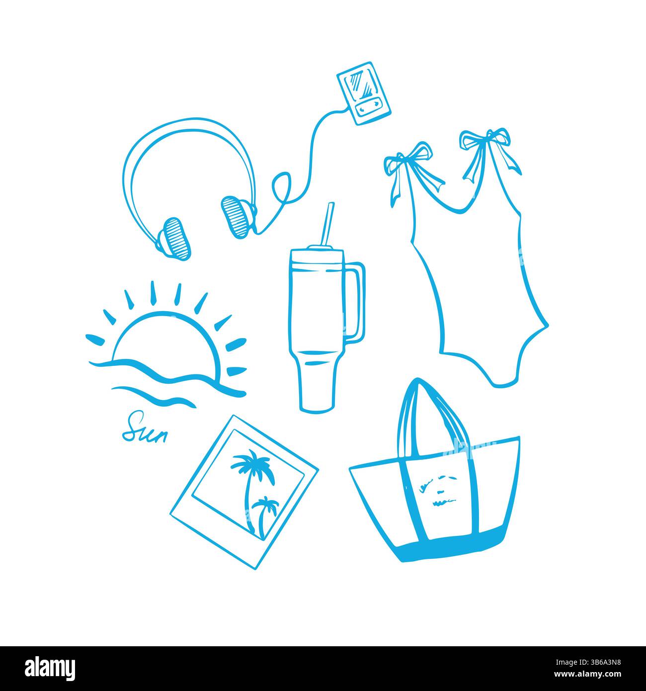 Handgezeichnete Sommer-Doodles, Strandparty, Urlaub und Reise-Doodle-Elemente in blauer Farbe. Symbolvektorsatz für Summertime-Linie. Vektorabbildung Stock Vektor