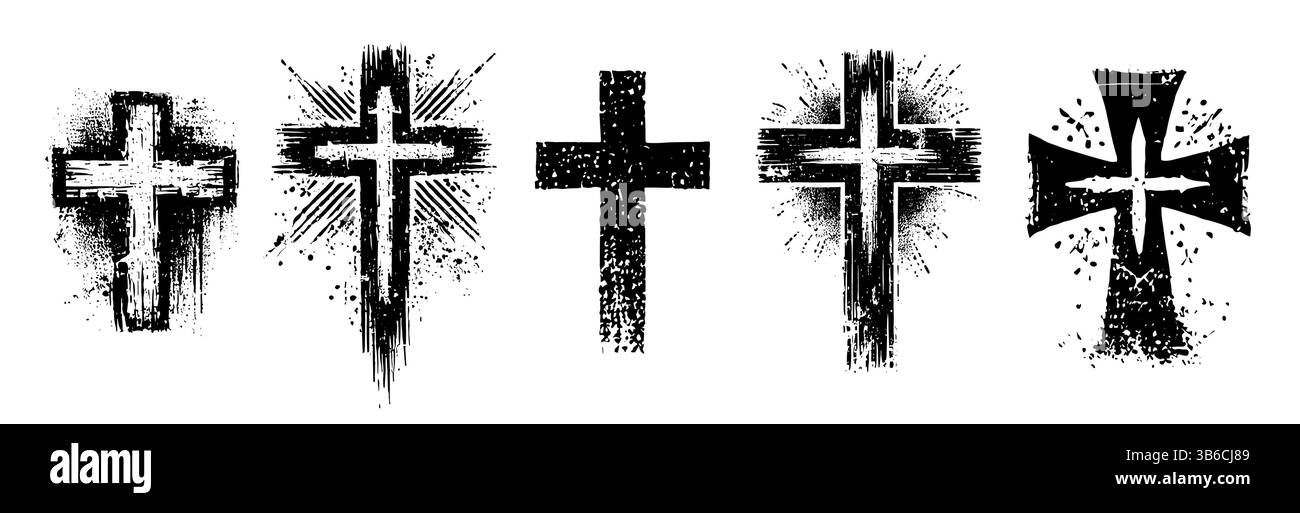 Grunge Christian Cross Set mit Distressed Texture und Tintenspritzer-Effekten für religiöse und gotische Design-Projekte Stock Vektor