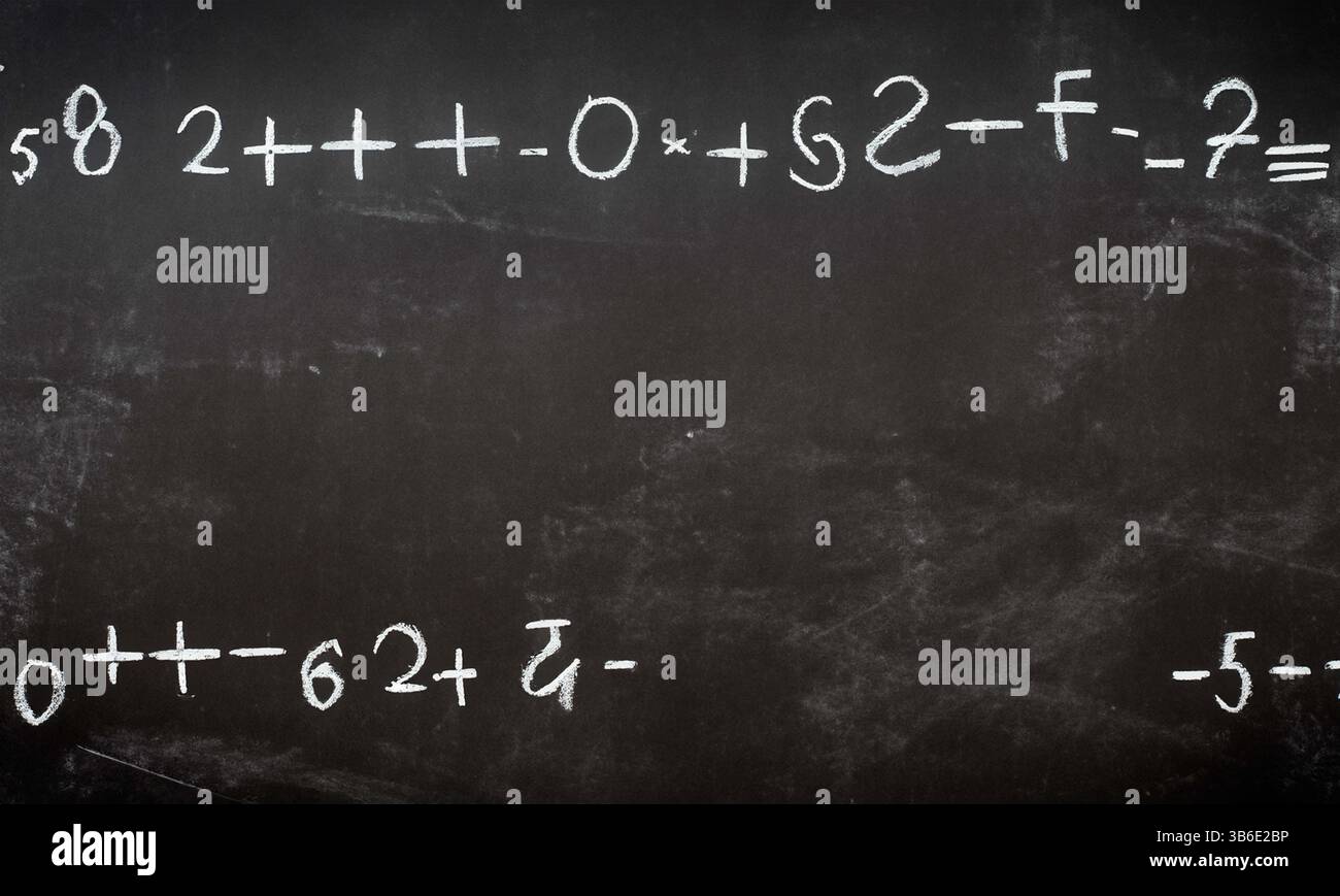 Der Schulausschuss wurde in Kreide mit komplizierten und fiktiven mathematischen Berechnungen geschrieben Stockfoto