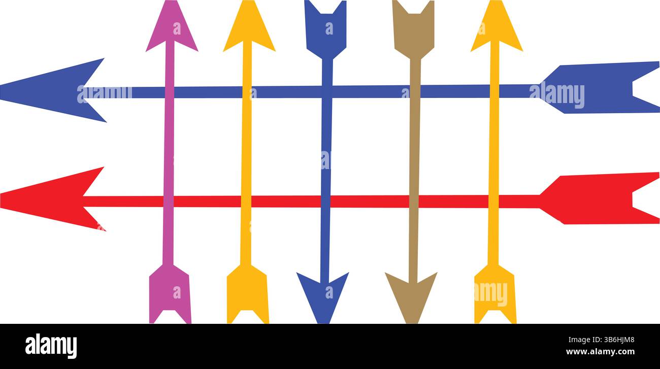 Ein lebendiges Array von sich kreuzenden Pfeilen in verschiedenen Farben, eine symbolische Darstellung der Richtung Stock Vektor