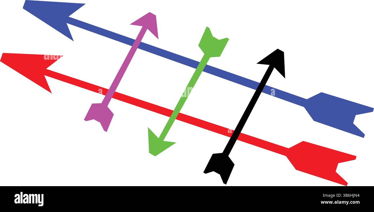Ein lebendiges Array von sich kreuzenden Pfeilen in verschiedenen Farben, eine symbolische Darstellung der Richtung Stock Vektor