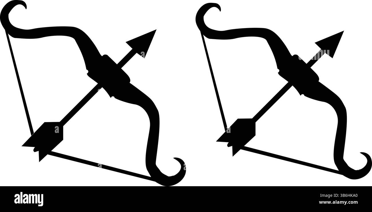 Das symmetrische Design zeigt ein Paar schlanke Bogenschießbögen mit Pfeilen, die für Action sorgen und Präzision und Geschick vermitteln. Stock Vektor