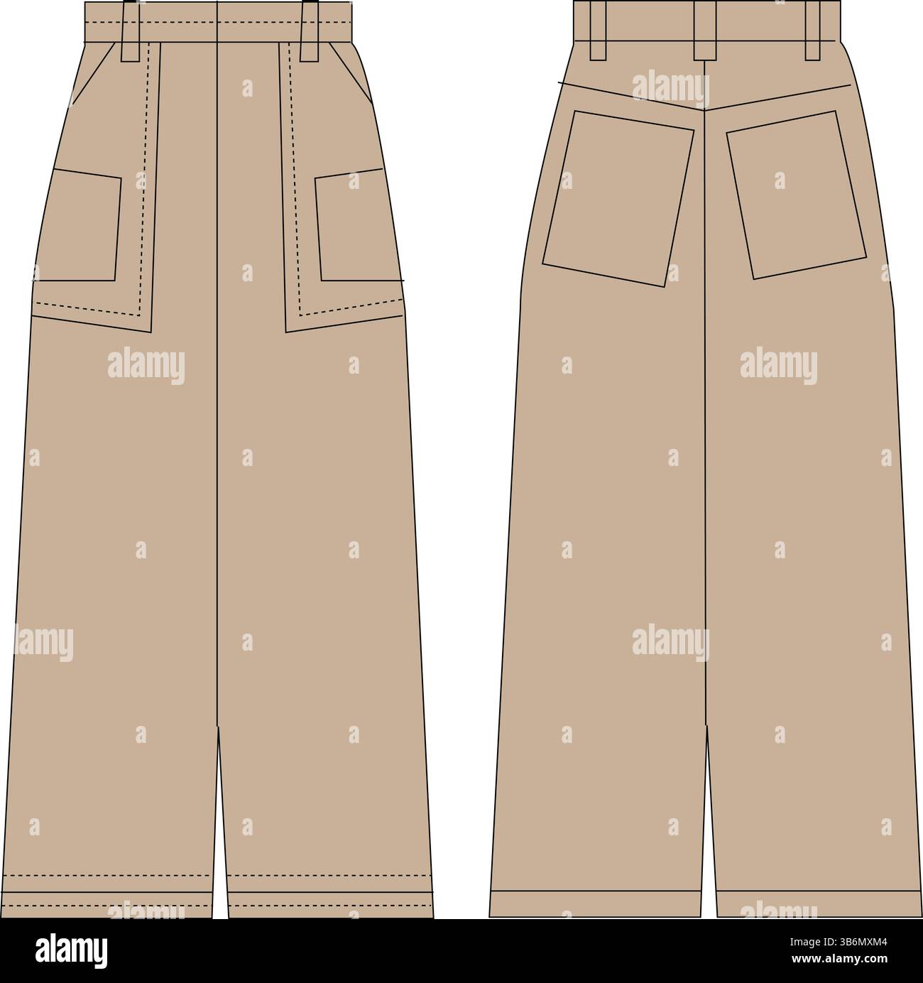 Hose mit weitem Bein und aufgesetzten Taschen | Illustration der technischen Mode | flache Bekleidungsvorlage CAD | Vorder- und Rückansicht Stock Vektor