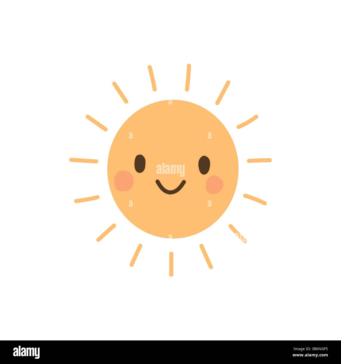 Niedliche kindliche Sonne mit leuchtenden gelben Strahlen und fröhlichem Gesicht, perfekt für Sommermotive, Wettersymbole, Kinderbücher und Illustrationen am sonnigen Tag Stock Vektor