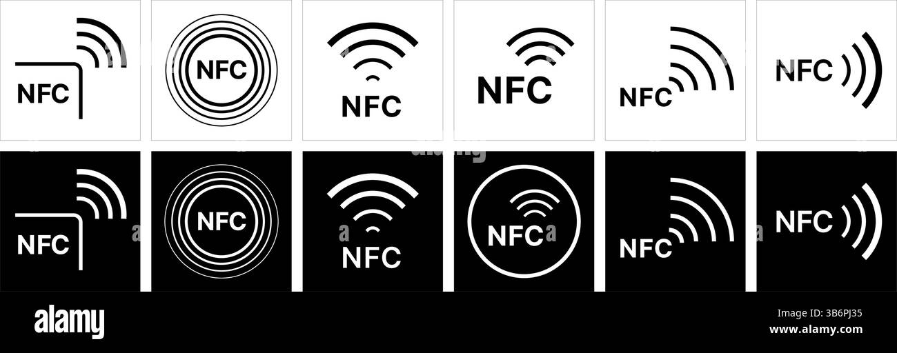 Verschiedene NFC-Symbole (Near-Field Communication) in Schwarzweiß. Stock Vektor