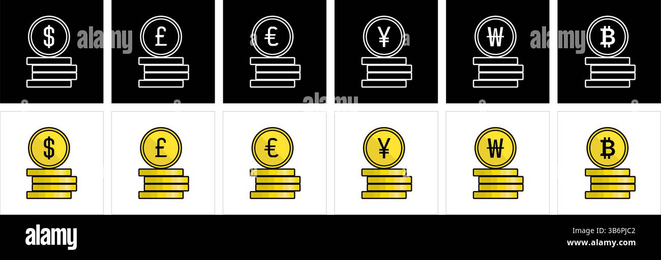 Stapel von Münzen mit verschiedenen Währungssymbolen: Dollar, Pfund, Euro, Yen, Won, und Bitcoin. Stock Vektor