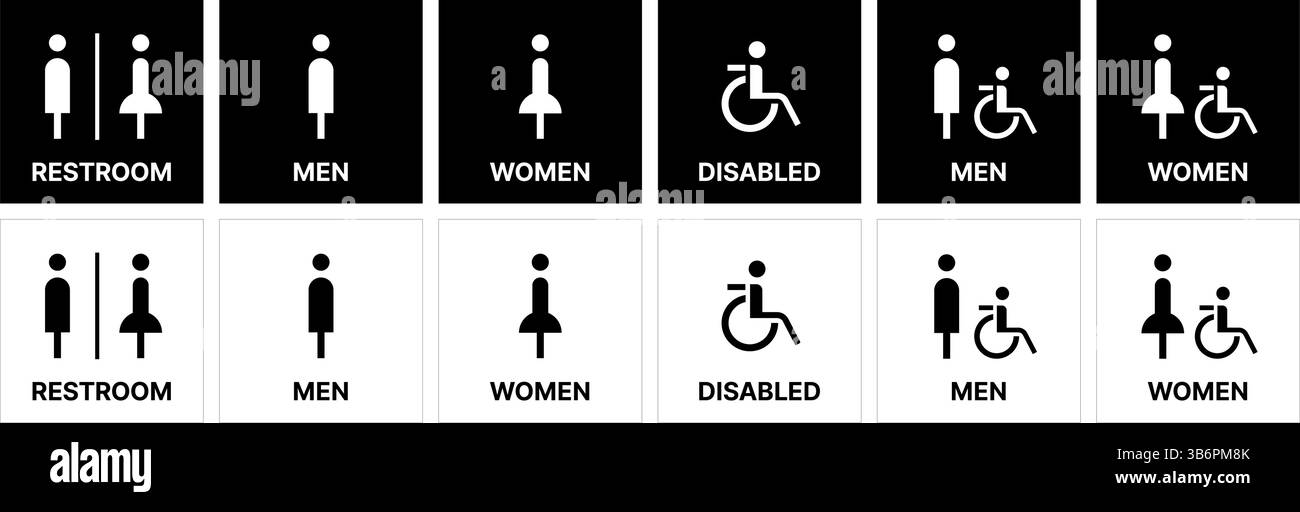 Öffentliche Toiletten Piktogramme Vektorsymbole für Männer, Frauen, Behinderten Zugang und Kinderhilfe in minimalistischem Schwarz-weiß. Stock Vektor