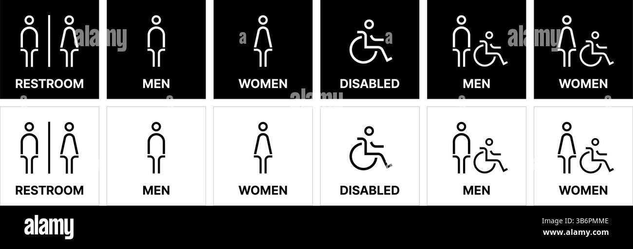 Öffentliche Toiletten Piktogramme Vektorsymbole für Männer, Frauen, Behinderten Zugang und Kinderhilfe in minimalistischem Schwarz-weiß. Stock Vektor