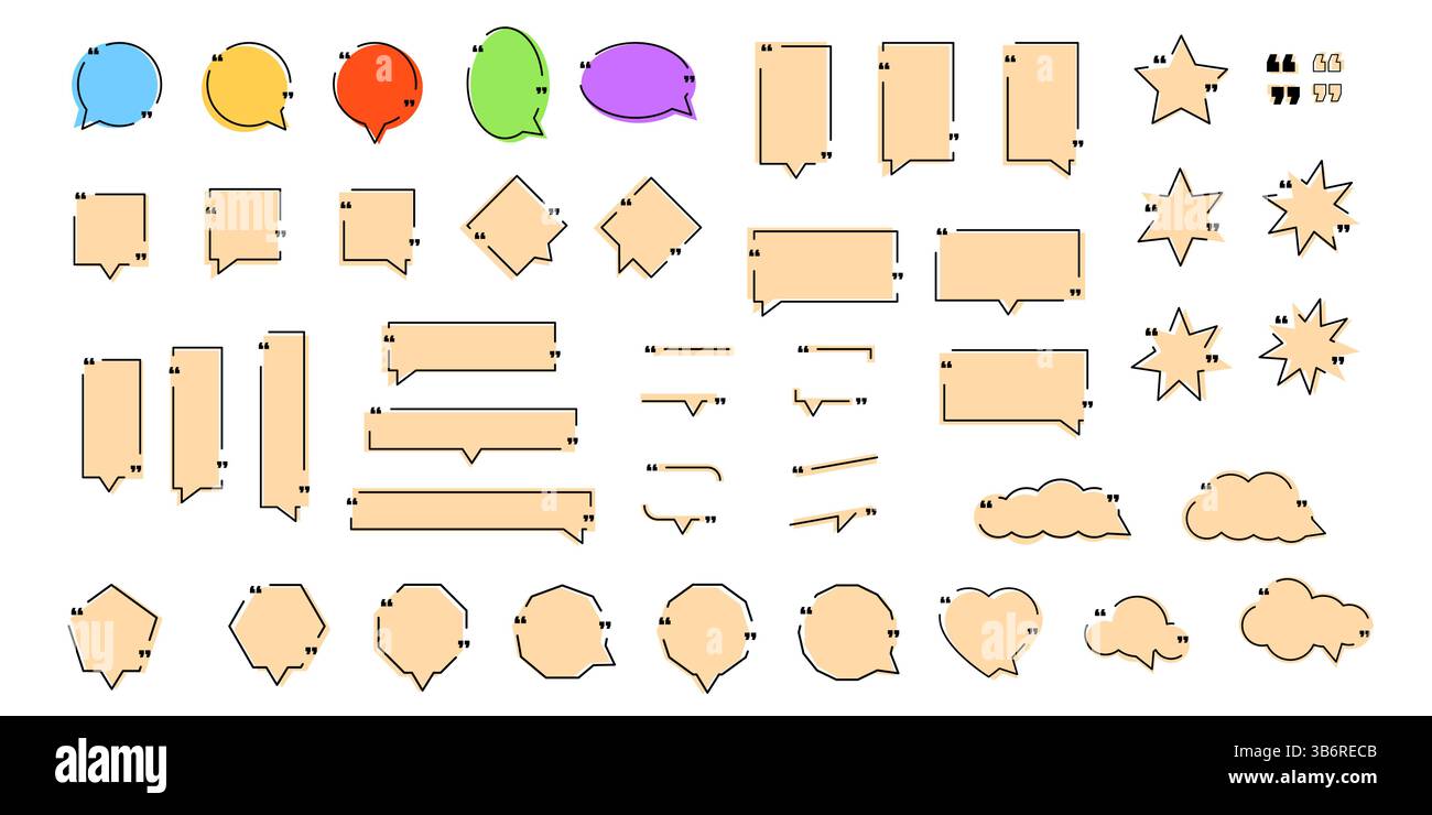 Vektorabbildung. Leere Vorlagengruppe für Anführungsrahmen. Isoliertes Textfeld in Klammern. Leere Sprechblasen. Handgezeichnete Ränder mit Farbkritzeleien Stock Vektor Vektorabbildung. Leere Vorlagengruppe für Anführungsrahmen. Isoliertes Textfeld in Klammern. Leere Sprechblasen. Handgezeichnete Ränder mit Farbkritzeleien Stock Vektor