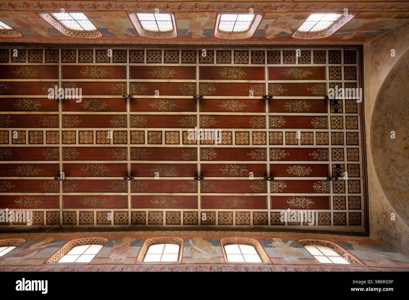Innenansicht, Kirchenschiff, Wandmalerei, Deckenmalerei, Pfarrkirche St. Georg, Oberzell, Insel Reichenau, Landkreis Konstanz, Baden-Württemberg, Stockfoto