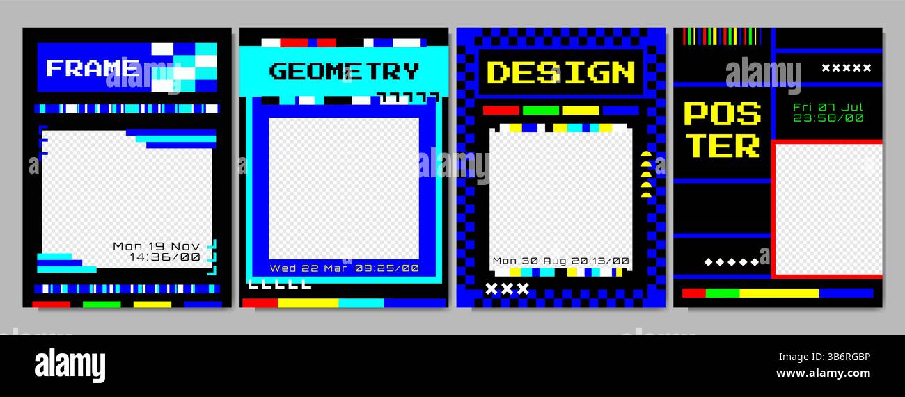 Vektorabbildung. Überlagerungsrahmen im futuristischen Retro-Stil. Y2K-Konzept mit Neonfarben und auffälliger Form. Designelement für Poster, Buch oder Zeitschrift Stock Vektor