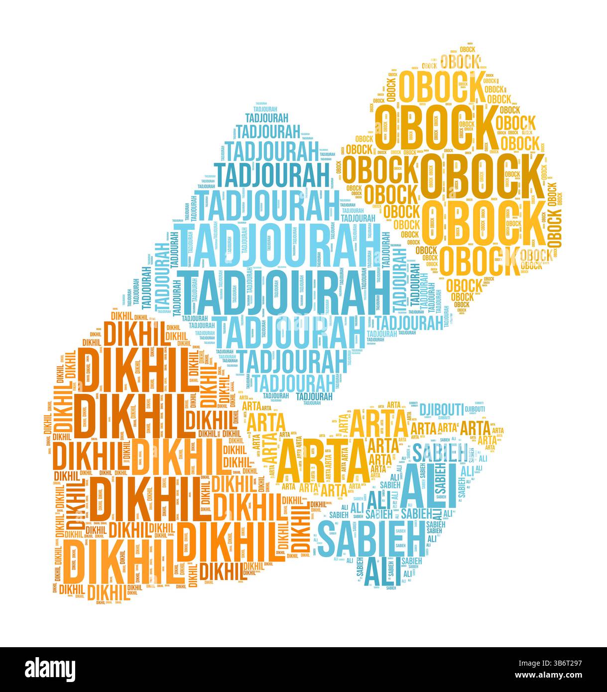 Dschibuti Word Cloud. Länderform mit Gebietseinteilung. Bild im Typografie-Stil von Dschibuti. Bereichsnamen kennzeichnen Wolken. Vektorabbildung. Stock Vektor