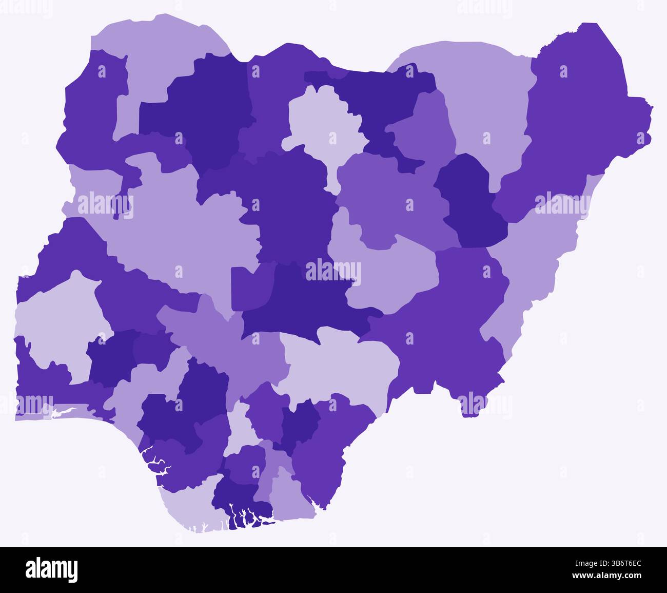 Karte von Nigeria mit Regionen. Nur eine einfache Ländergrenzkarte mit regionaler Aufteilung. Dunkelviolett. Stock Vektor