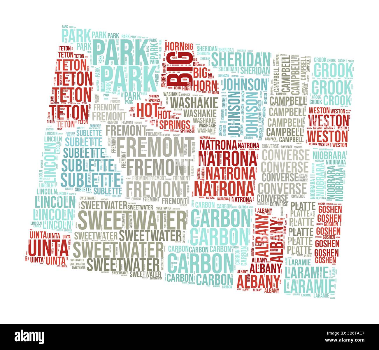 Wyoming Word Cloud. Landesform mit Bezirkseinteilung. Wyoming Typografie-Bild. Bezirksnamen kennzeichnen Wolken. Vektorabbildung. Stock Vektor