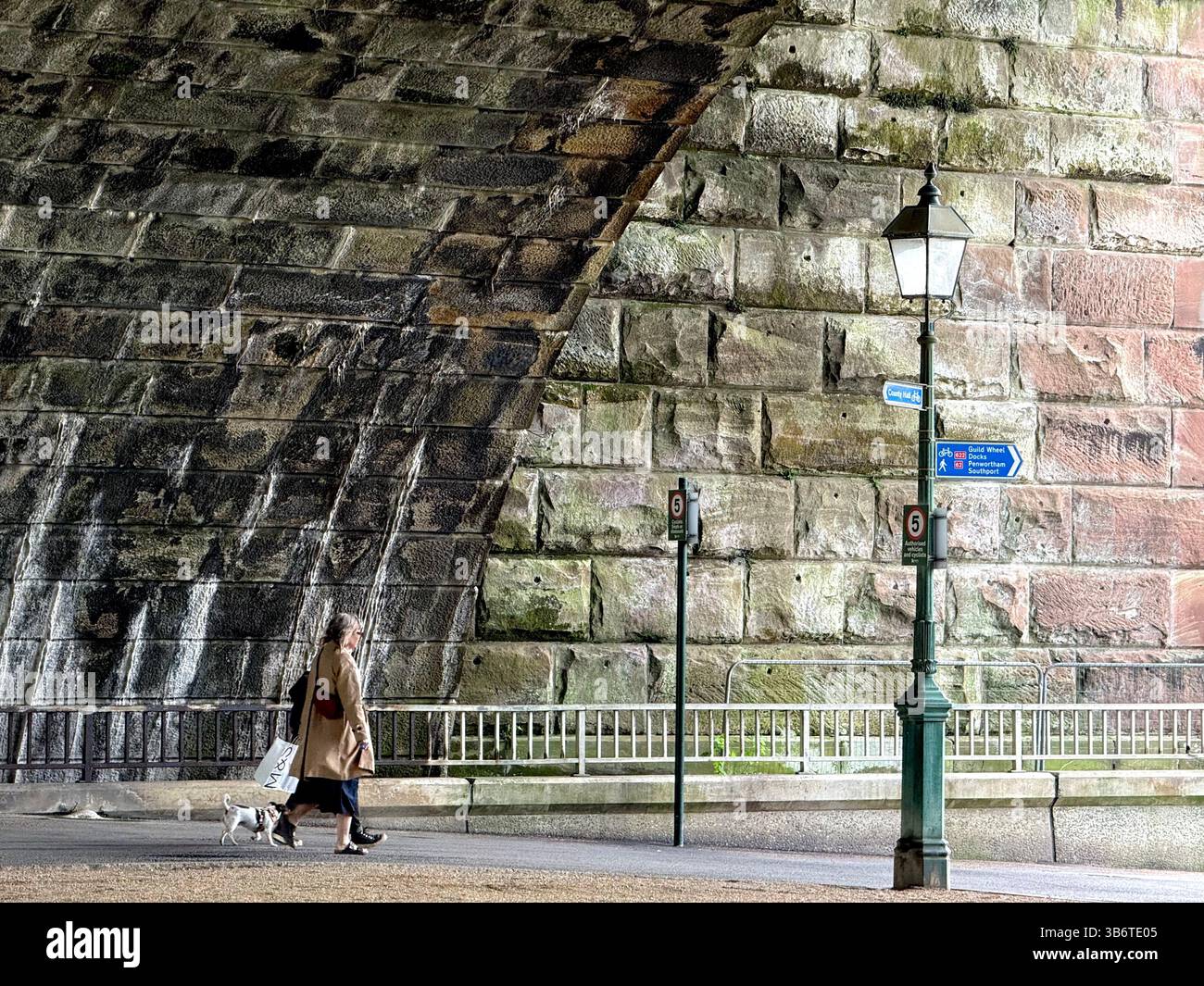 Alte Straßenlaterne unter der Eisenbahnbrücke im Avenham and Miller Park in Preston Stockfoto