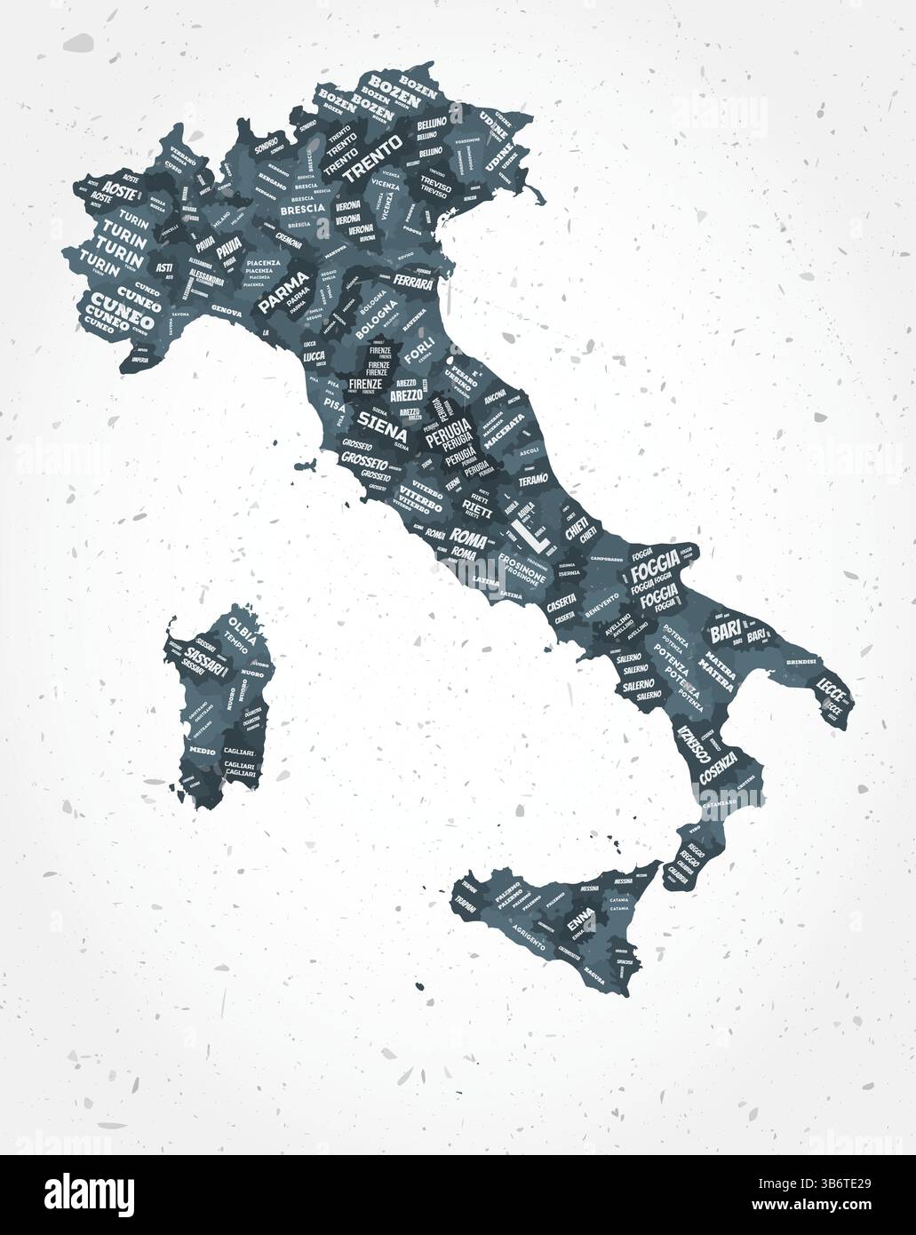 Italien Regionen Wortwolken. Länderform auf strukturiertem Hintergrund. Italienisches Design im typografischen Stil. Kreative Vektorillustration. Stock Vektor