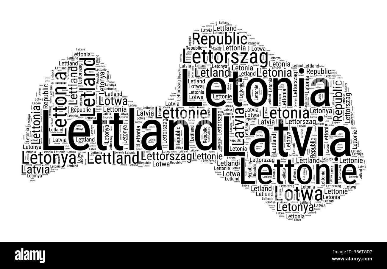 Schwarz-weiß-Wortwolke in lettischer Form. Einfache typografische Darstellung des Landes. Schwarze Textwolke aus Lettland auf weißem Hintergrund. Stock Vektor