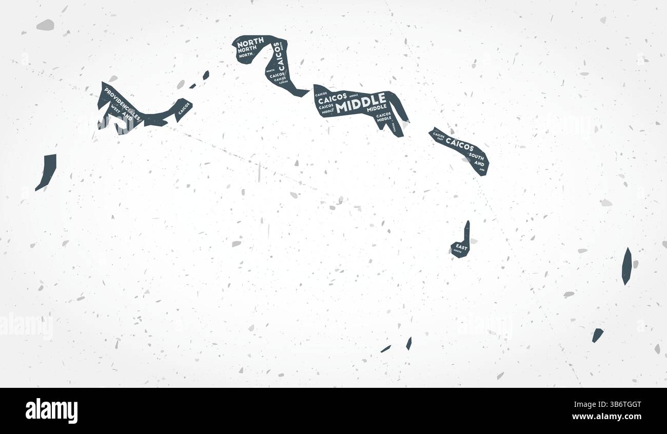 Turks- und Caicosinseln Regionen Wort Wolken. Länderform auf strukturiertem Hintergrund. Turks- und Caicosinseln im typografischen Stil. Stock Vektor