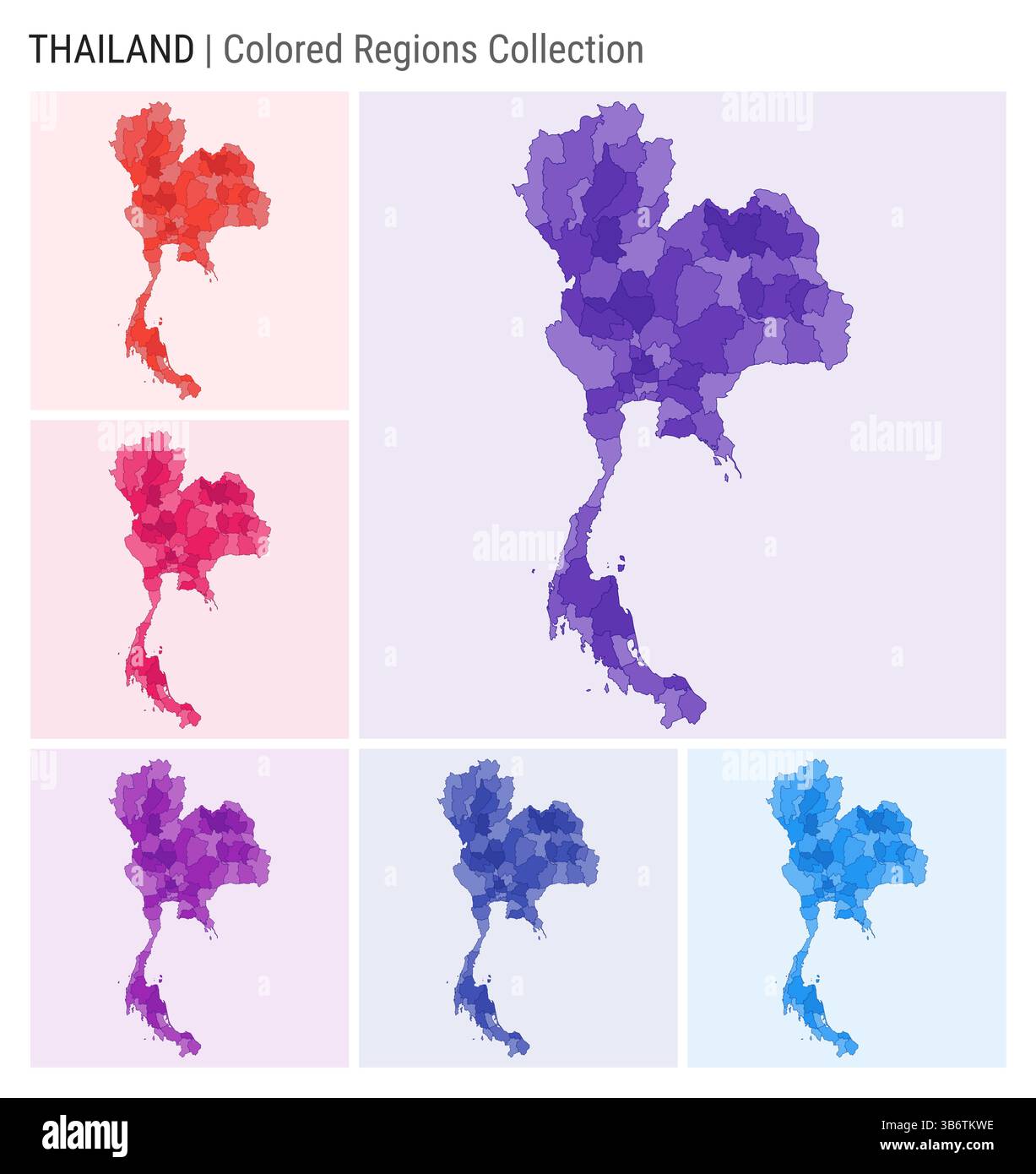 Thailand Kartensammlung. Länderform mit farbigen Regionen. Dunkelviolett, Rot, Rosa, Lila, Indigo, blaue Farbpaletten. Stock Vektor