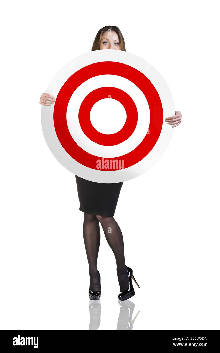 Geschäftsfrau mit großem Ziel auf weißem Hintergrund Stockfoto