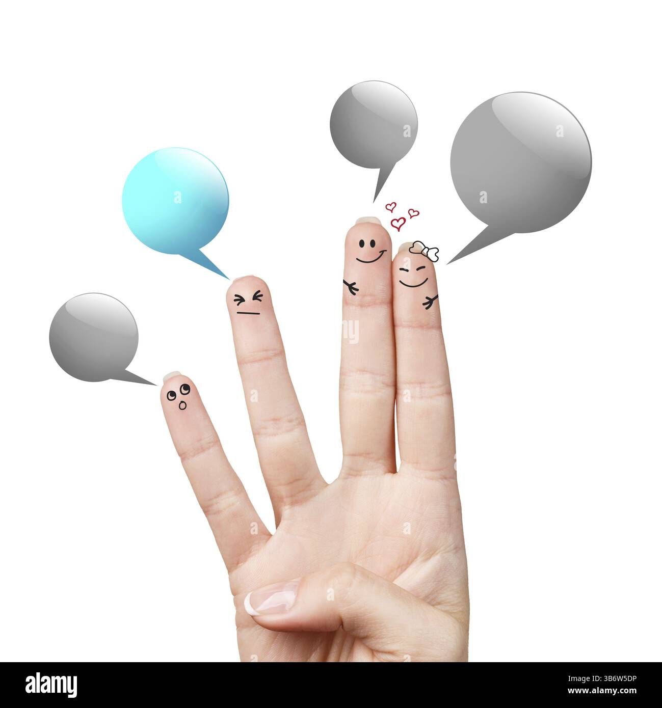 Glücklich Finger Smileys mit bunten Rede bubbles auf weißem Hintergrund Stockfoto