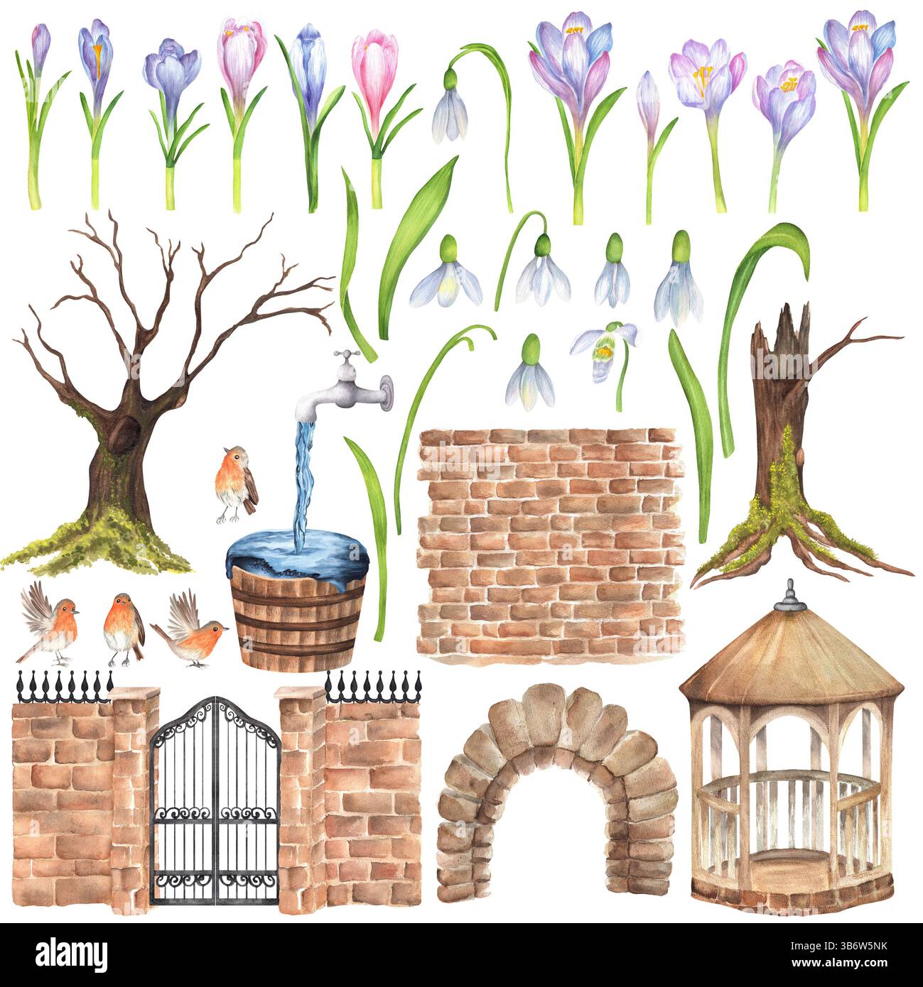 Ein Bündel von Illustrationen im Frühling: Pavillon, Bäume, Backsteinmauer, Steinbogen, eiserne Tore, ein Wasserhahn mit Wasserwanne, moosigen Steinen, Gras, rotkehlchen. Stockfoto