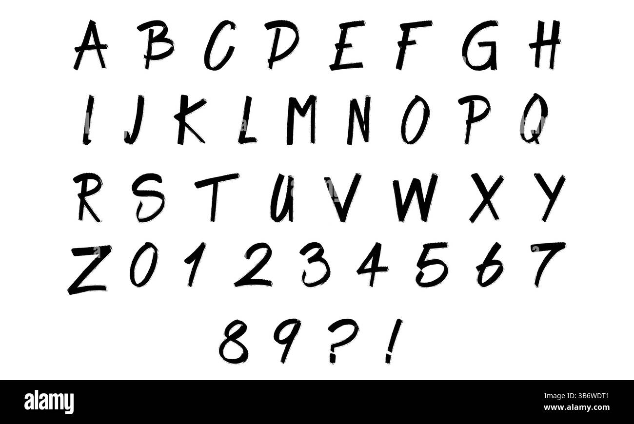 Schwarzes, handgezeichnetes Grungy-Alphabet und Zahlen, grobe Pinselschrift für digitales Design und Street-Art-Projekte. Stock Vektor
