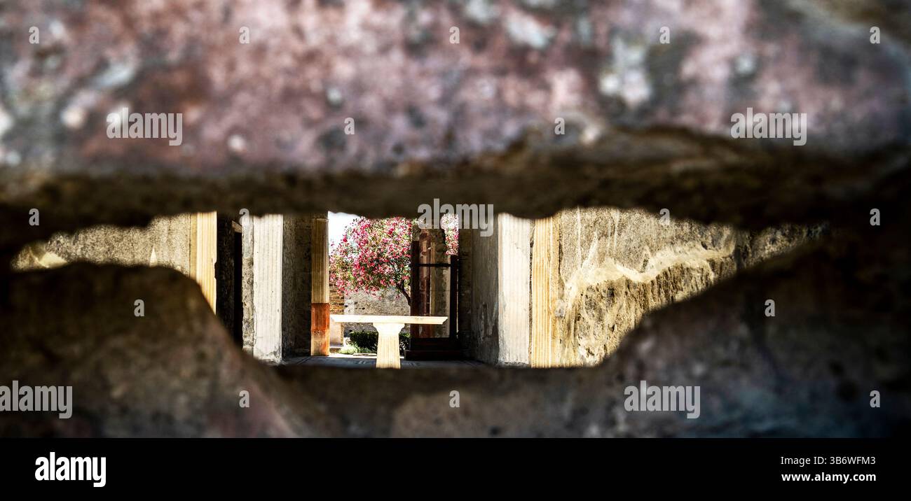 Ein Blick durch eine Steinmauer, die einen Tisch umrahmt, und eine lebhafte Bougainvillea im Hintergrund. Die Szene fängt eine Mischung aus natürlicher Schönheit und rustikalem Bogen ein Stockfoto