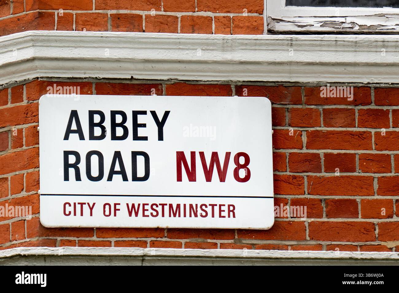 Das Straßenschild der Abbey Road in london zeigt die berühmte Musikszene Stockfoto