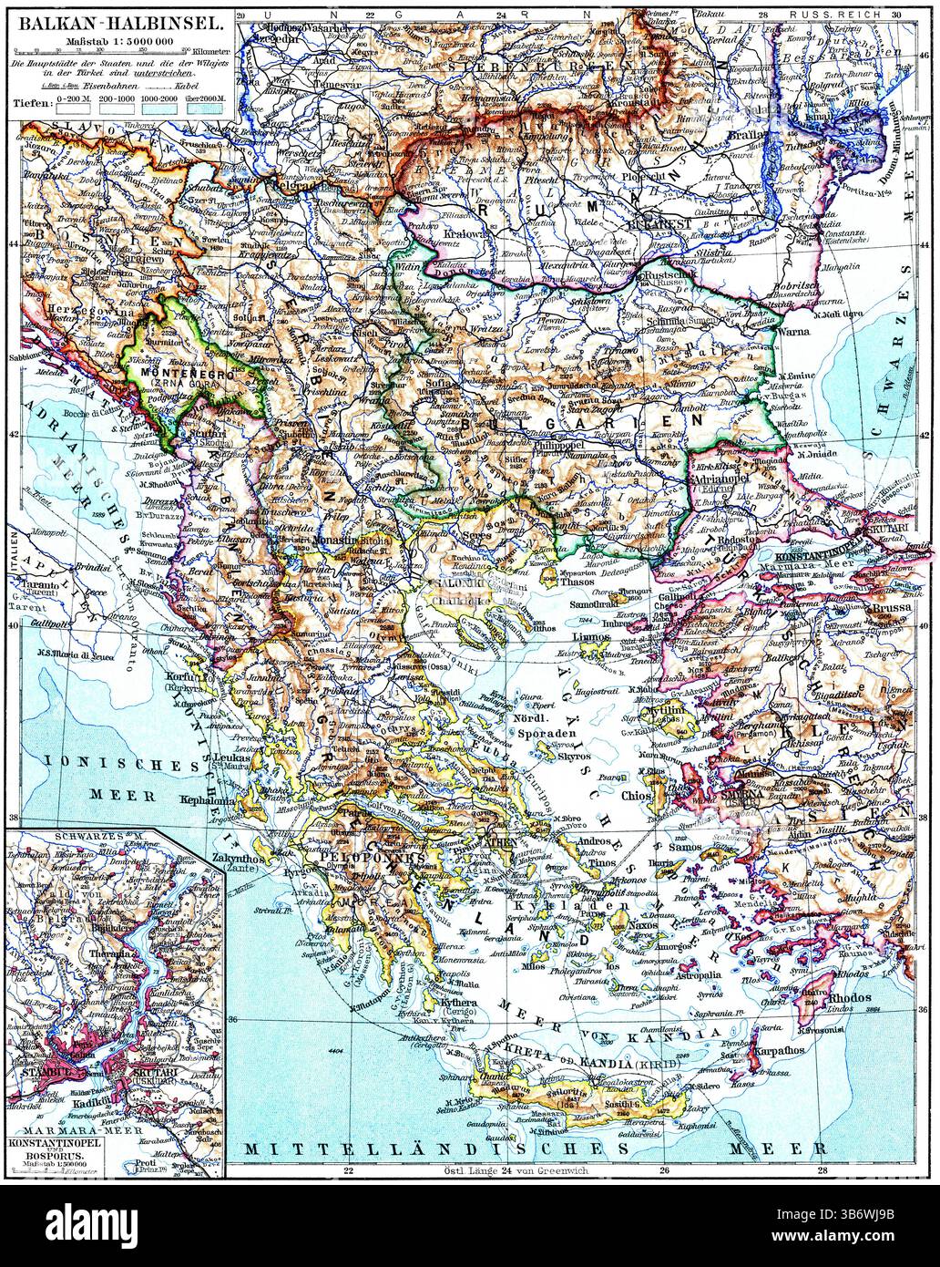 Karte der Balkanhalbinsel mit Einzug von Konstantinopel und Bosporus. Veröffentlichung der "Meyers-Enzyklopädie", Band 6, Leipzig, Deutschland, 1910. Stockfoto