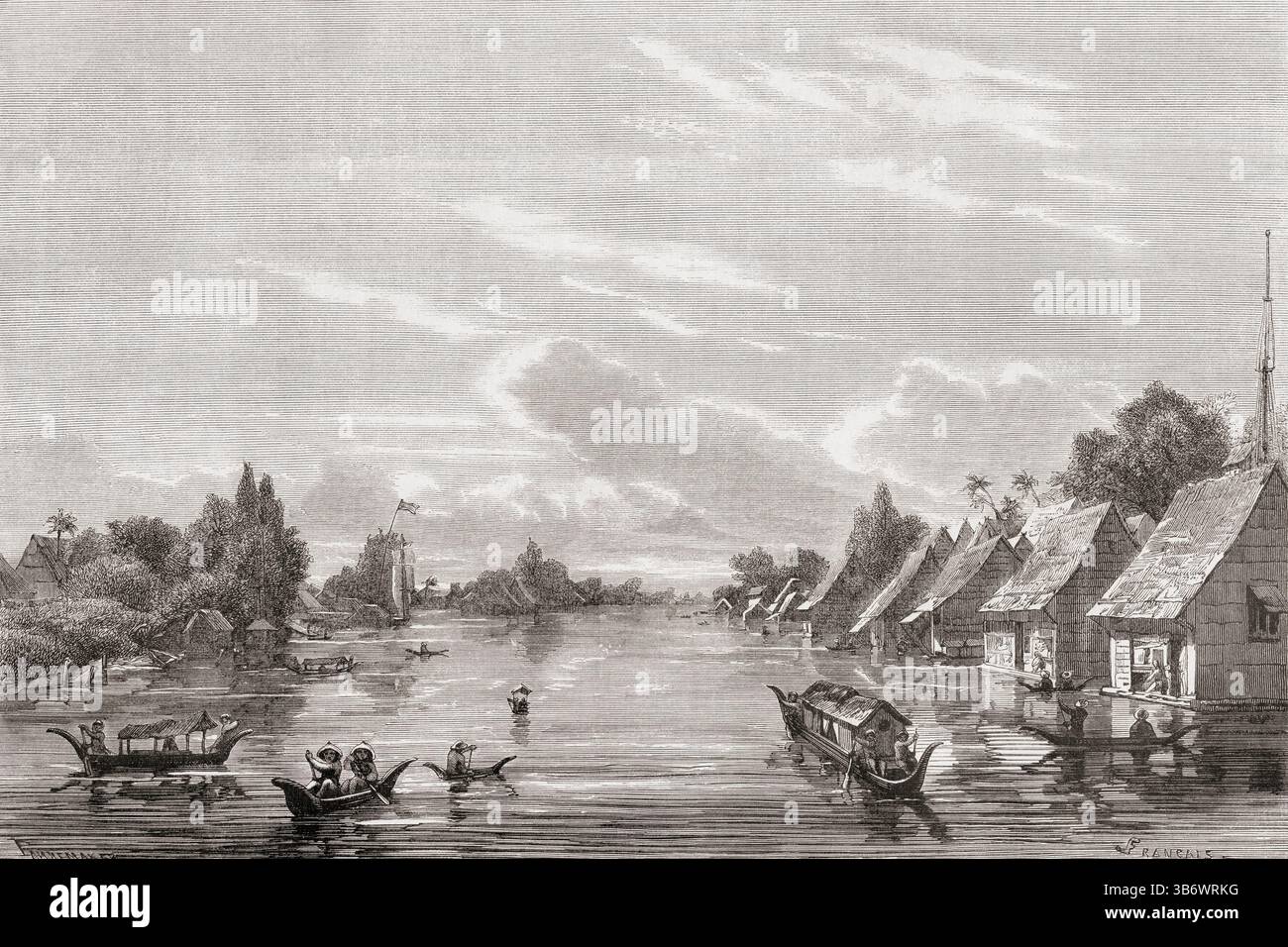 Die Stadt Banjarmasin, South Kalimantan, Borneo, Indonesien, 19. Jahrhundert. Von Reisen auf der Insel Borneo, 1847 - 1852. In Le Tour du Monde, veröffentlicht 1862. Stockfoto