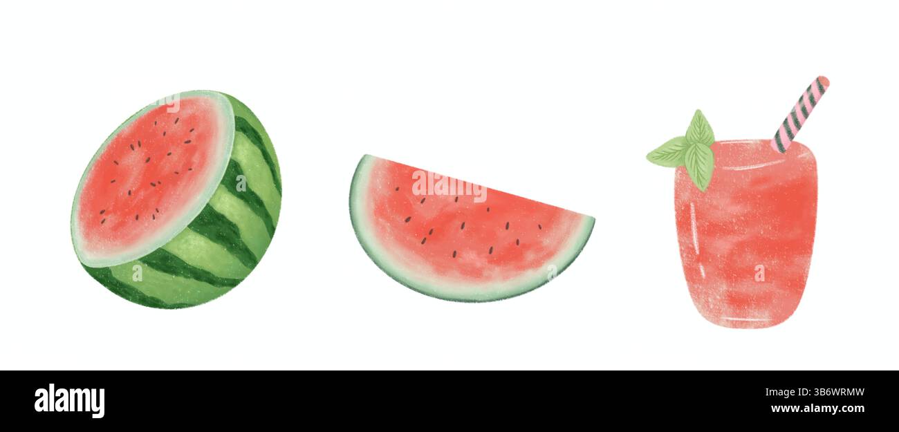 Set mit realistischer Illustration für Wassermelonen isoliert auf weiß. Wassermelone schneidet Clipart. Sommerfrüchte, handgezeichnetes Element, Sommer-Vibes Stockfoto