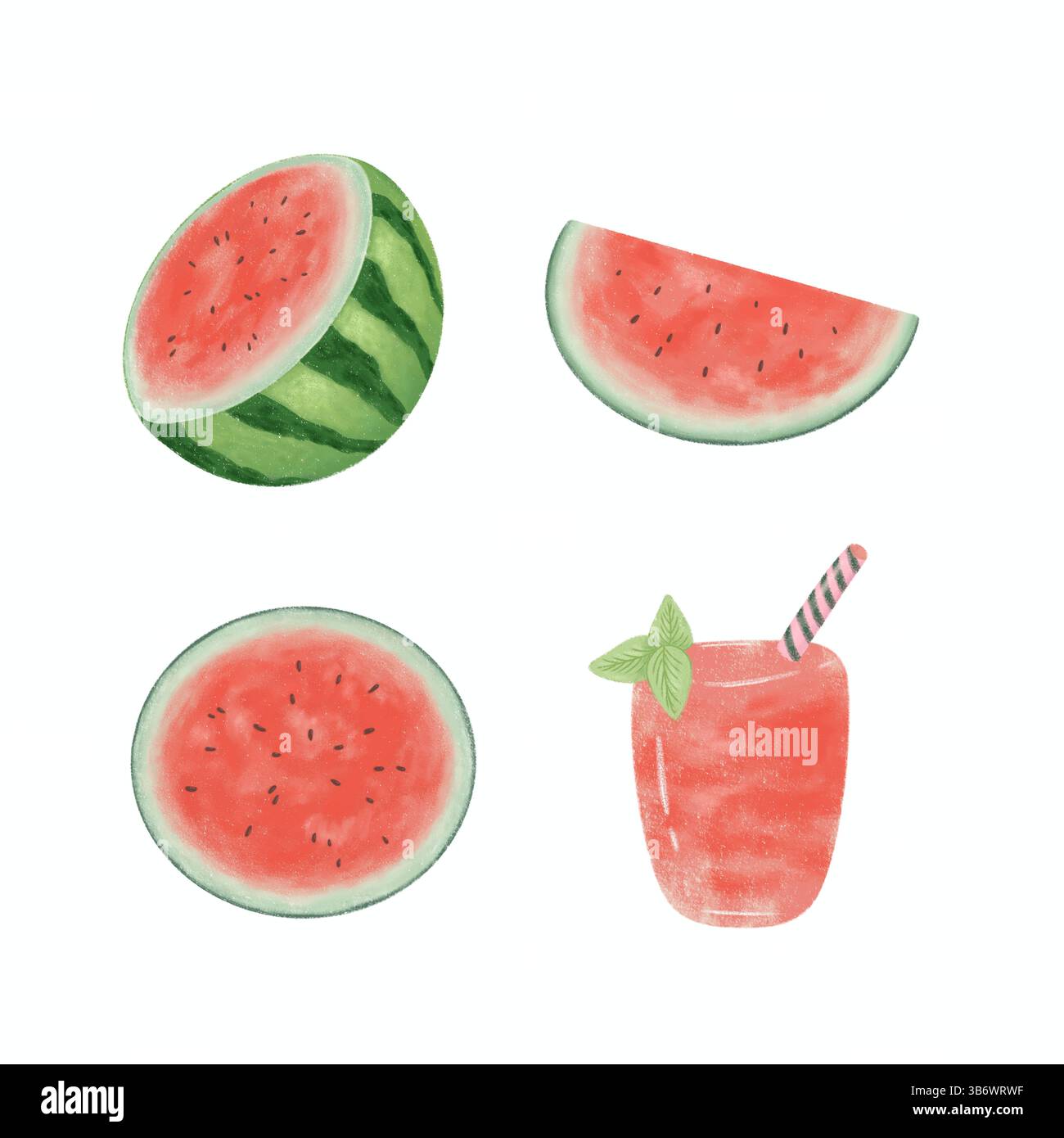 Set mit realistischer Illustration für Wassermelonen isoliert auf weiß. Wassermelone schneidet Clipart. Sommerfrüchte, handgezeichnetes Element, Sommer-Vibes Stockfoto
