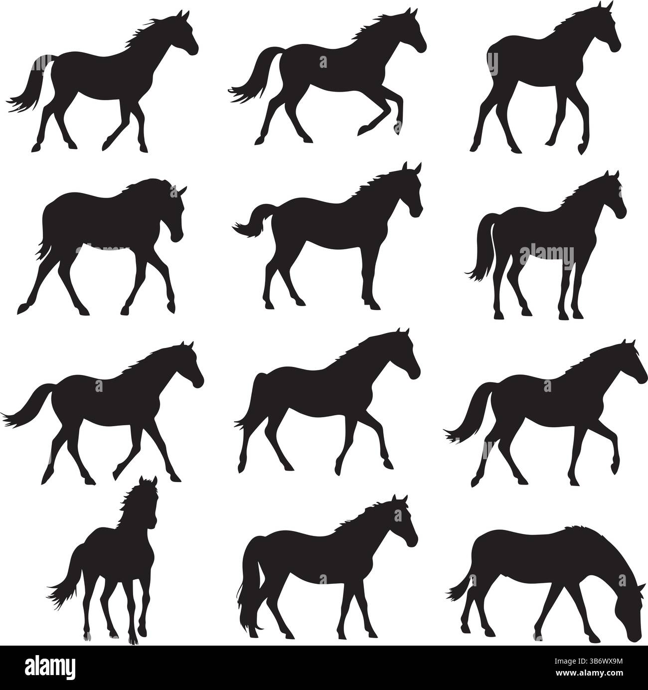 Horse Silhouettes Collection – Schwarz-weiß-Vektor-Kunst des Laufens, Grasens und stehenden Pferdefiguren Stock Vektor