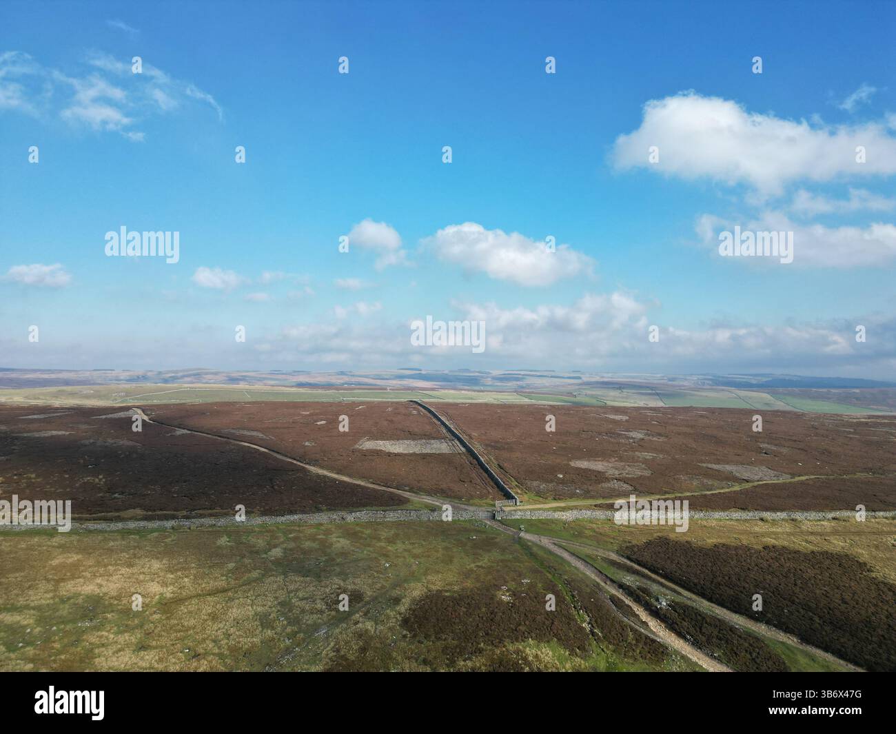 Aus der Vogelperspektive auf das Moorland in der Nähe von Reeth in den Yorkshire Dales, mit Trockenmauern, die die offene Landschaft unter dem Frühlingshimmel teilen. Stockfoto