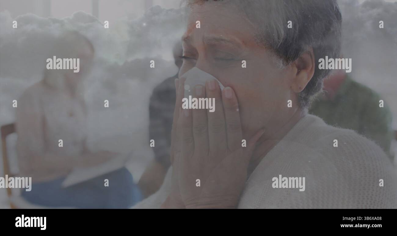 Bild von Wolken über verschiedenen Gruppen von Senioren, die sprechen Stockfoto