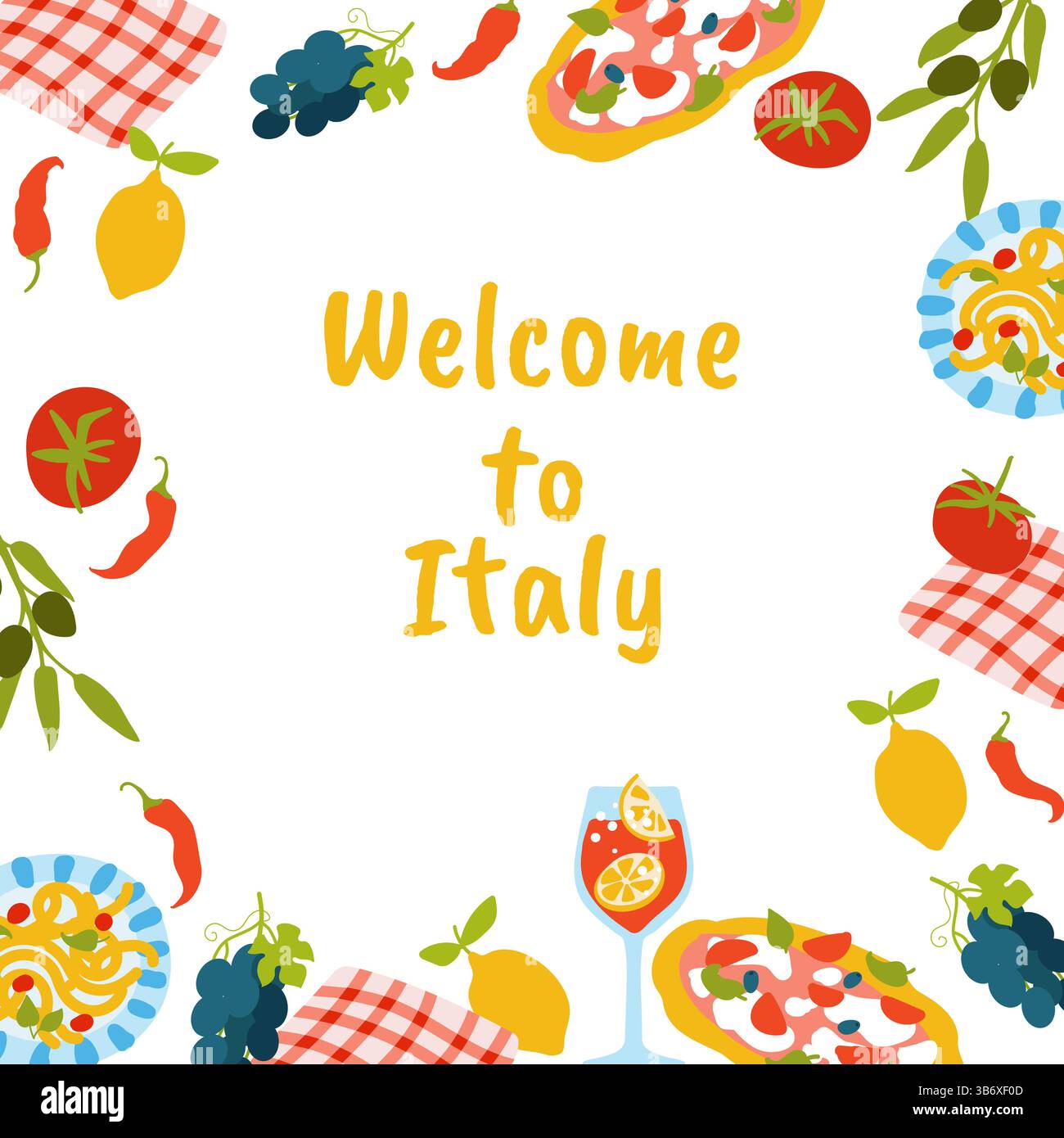 Willkommen in Italien . Sommerreisen. Grußkarte Stock Vektor