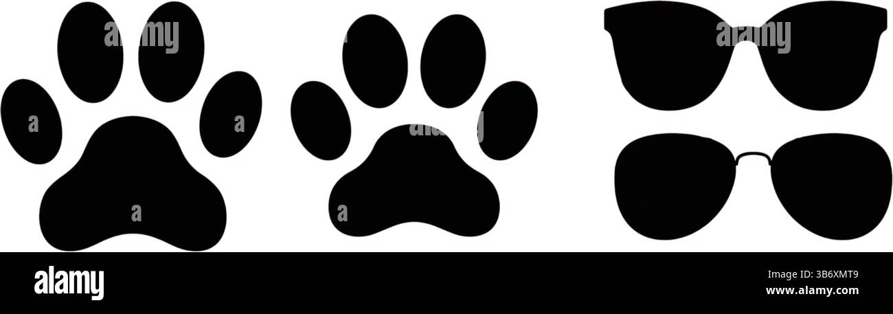 Zwei schwarze Pfotenmuster und zwei Sonnenbrillen. Silhouetten von Tierspuren und Brillen vor weißem Hintergrund Stock Vektor