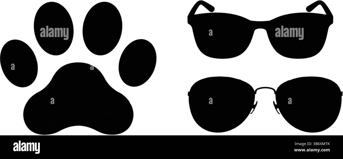 Ein schwarzes Pfotenmuster und zwei Sonnenbrillen. Die Objekte sind mit einem weißen Hintergrund versehen Stock Vektor