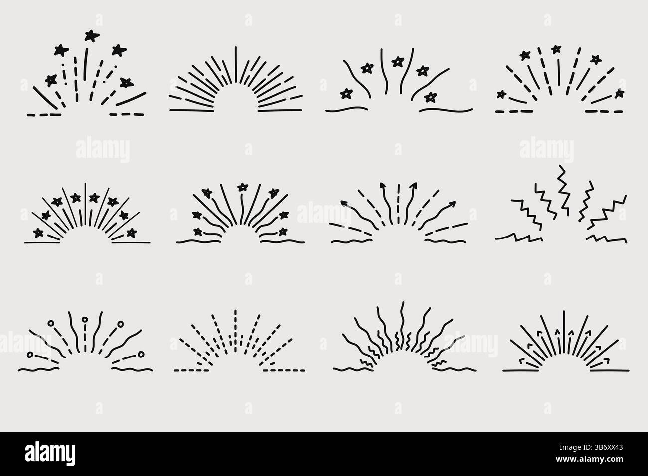 Doodle Line funkelt und strahlt. Handgezeichnete Explosionslinien Konfetti, Sonnenaufgang, Überraschungselemente mit dekorativem Effekt. Sketch-Comic feiert Splash A Stock Vektor