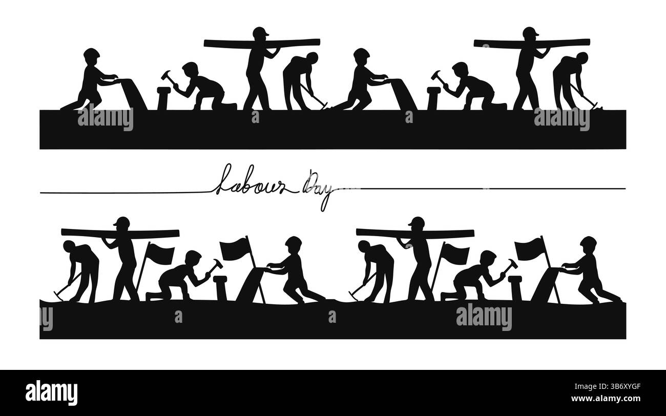 Work Day Worker Silhouetten mit Flagge und Tools.Vektor-Illustration Stock Vektor