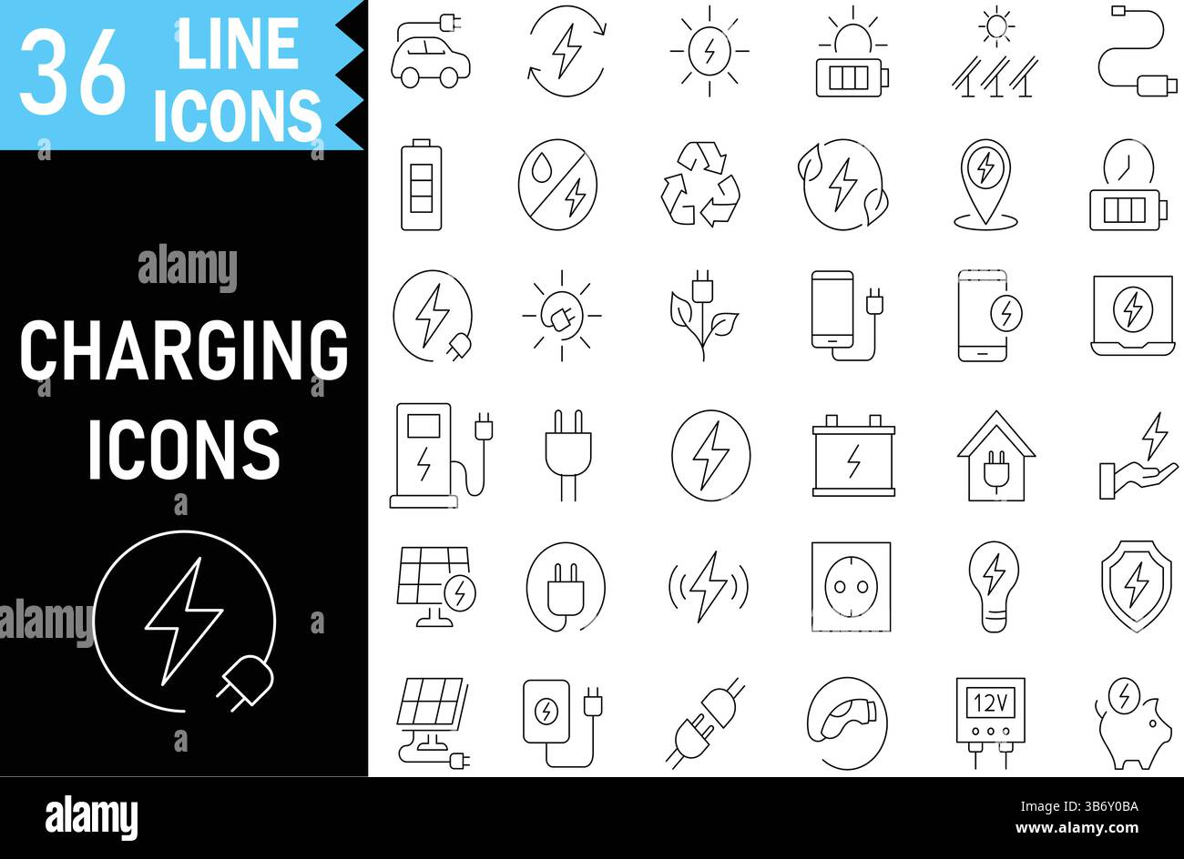 Symbole für elektrisches Laden für Elektrofahrzeuge, Batterien, erneuerbare Energien, USB, Station, Stecker, Sonnenkollektor und Kabel. Bearbeitbare Piktogramme für Vektorkonturen. Illustr Stock Vektor