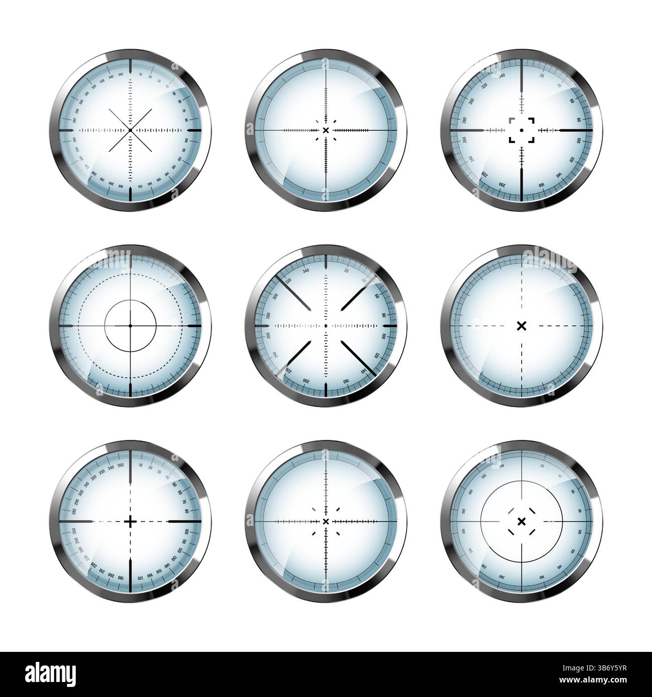 Chrom-Waffenvisiere, Scharfschützengewehr-optische Oszilloskope. Jagdpistole Sucher mit Fadenkreuz. Ziel, Symbol für die Schießmarke. Militärisches Zielschild, Silhouette Stock Vektor