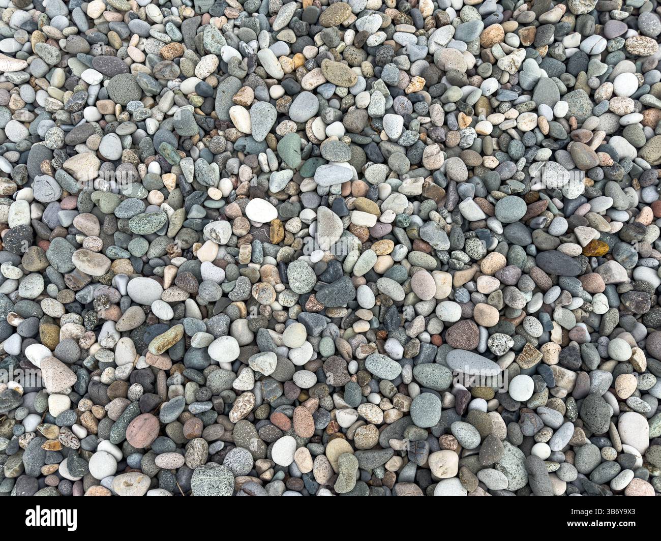 Blick von oben auf farbenfrohe, glatte Kieselsteine an einem Strand, typisch für Reiseziele am Meer. Natursteinstruktur, abstraktes Muster, keine Menschen. Stockfoto